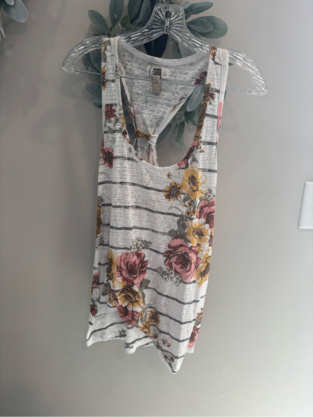 24/7 XL burnout Striped Floral Scoop Neck Tank Top in White, Rose & Mustard